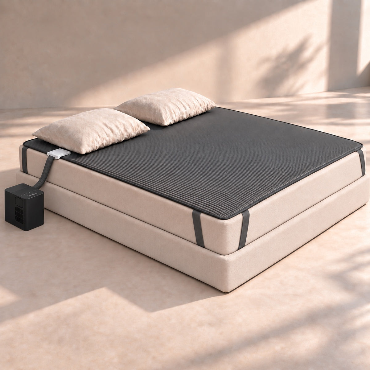 The Qimora Pad strapped onto a mattress, with the Unit on the floor beside the bed