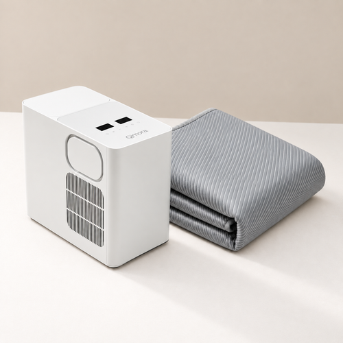 Qimora Sleep Core in White: the bedside Unit next to the folded Pad