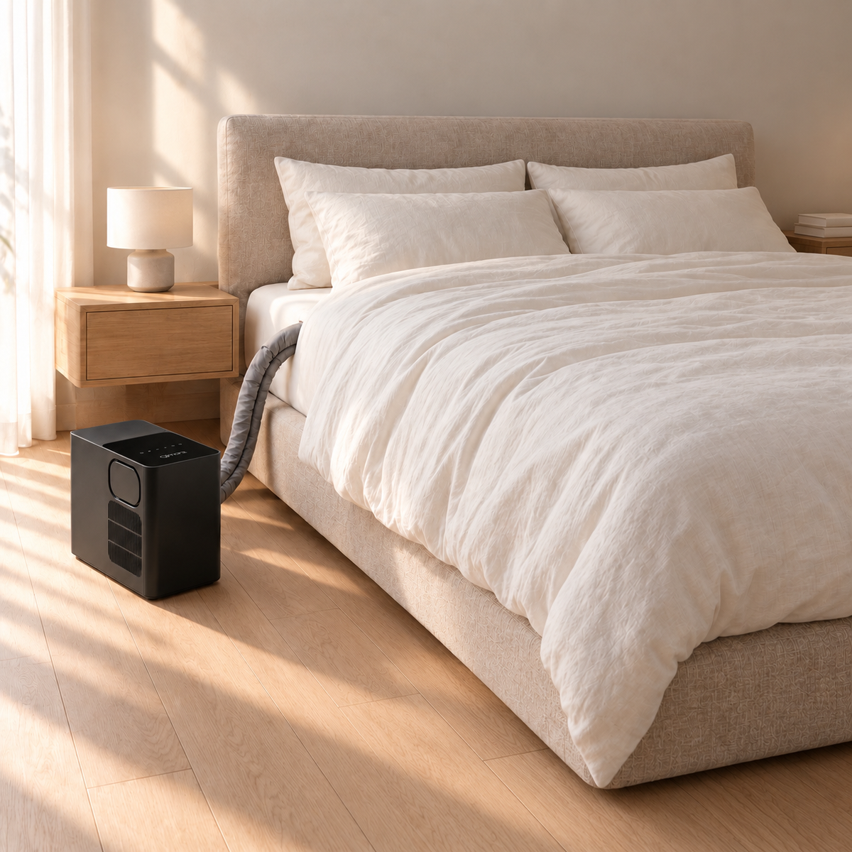 Qimora Unit on the floor beside a made bed, its hose running under the duvet to the Pad