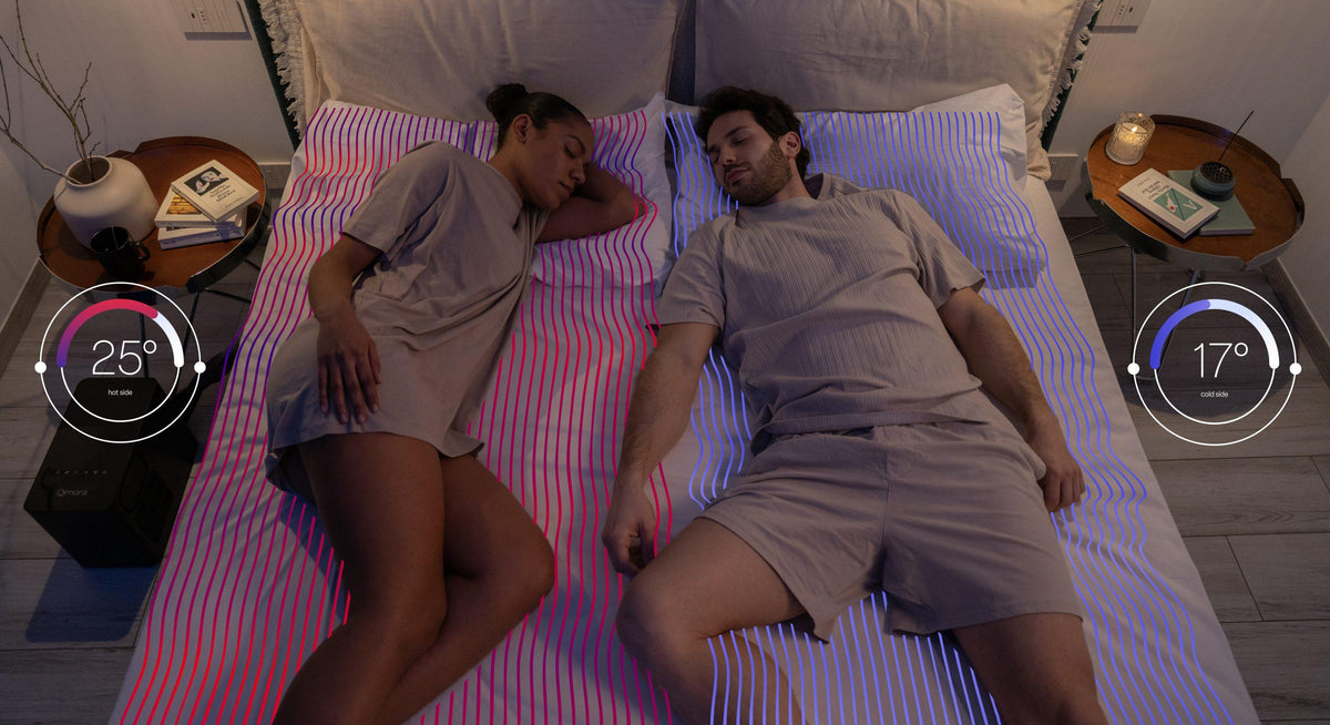 A couple asleep on the Qimora Pad, her side warm at 25°, his side cool at 17°
