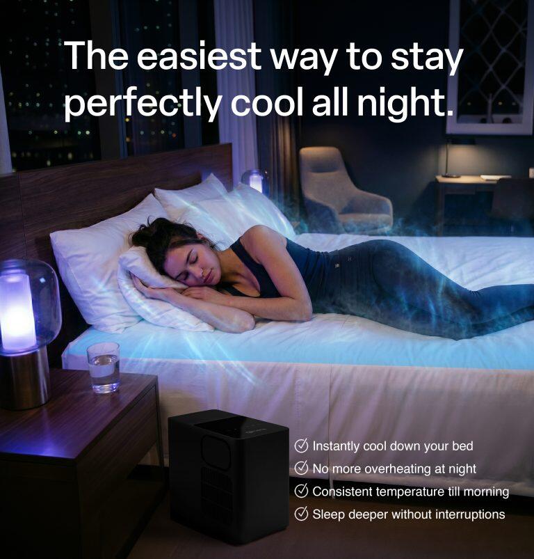 Woman sleeping on a bed cooled by the Qimora Sleep Core, with the unit beside the bed