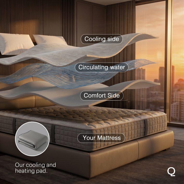 Layers of the Qimora thermal pad: cooling side, circulating water and comfort side on top of your mattress